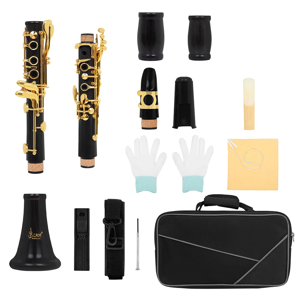 17 Key Ebony Black Gold Clarinet Bb Woodwind Instrument with Gloves Wipe Whistle Clip Set Accessories for Beginners Band