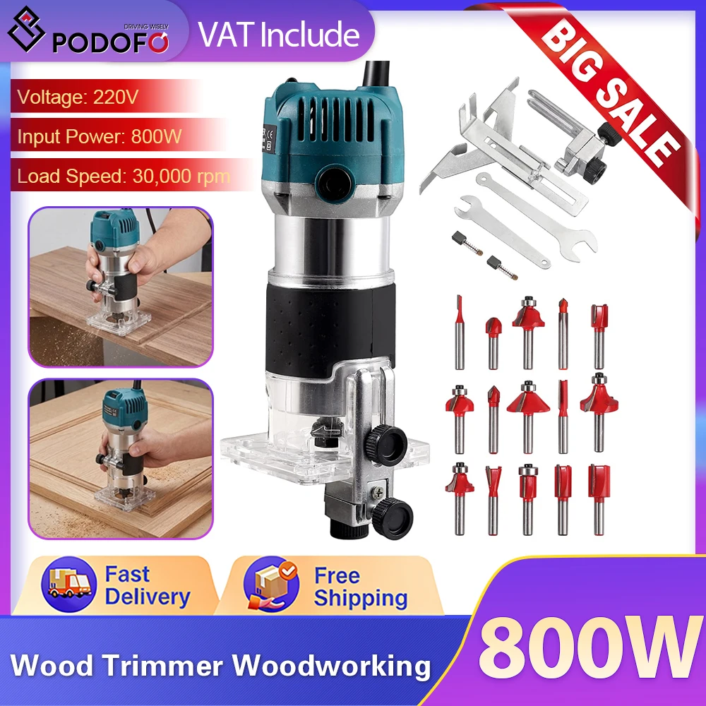 Podofo 800W 30000RPM Défonceuse Électrique pour Bois, Défonceuse à Main 1/4'' pour Sculpture, Fraisage et Gravure sur Bois, Outil Électrique pour Menuisier