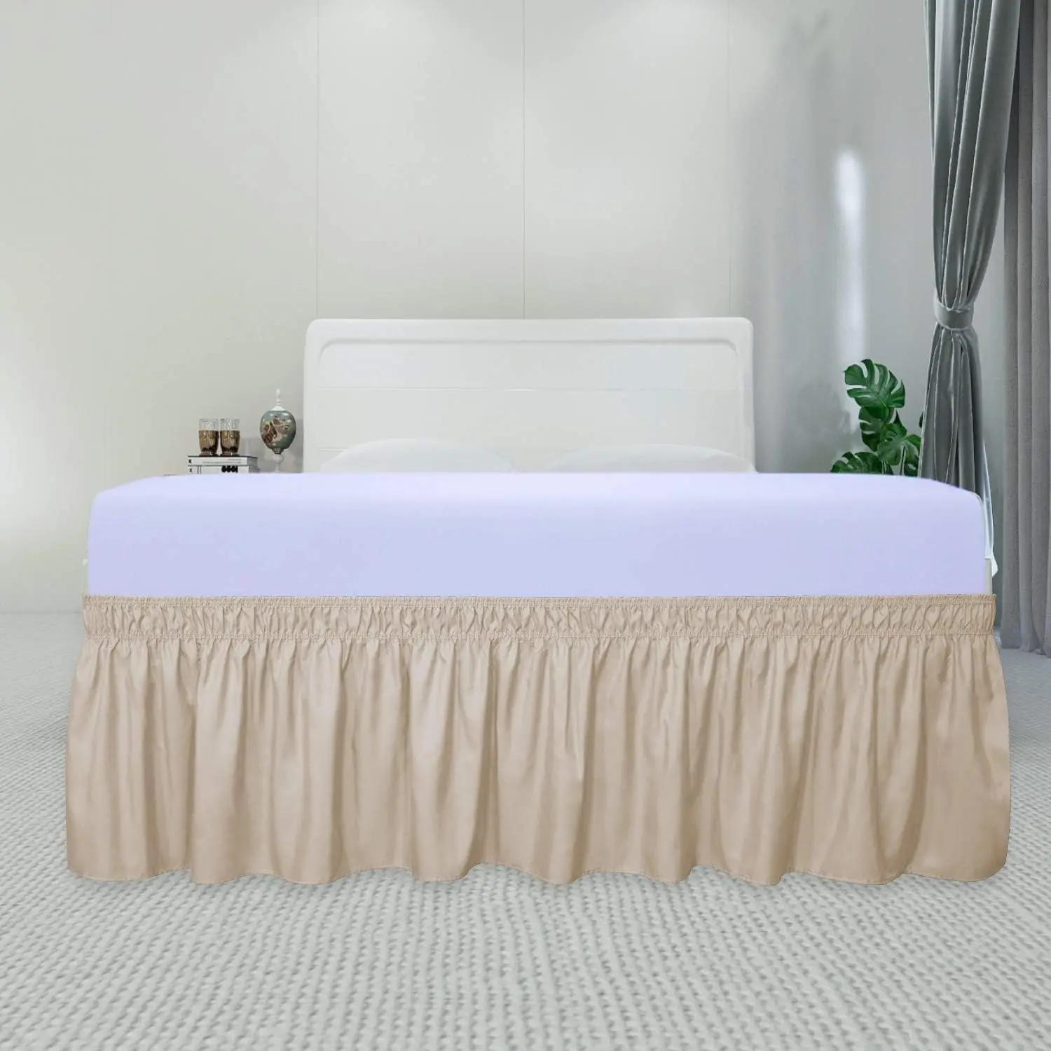 

Beige Wrap Around Ruffled Bed Skirt with Adjustable Elastic Belt Olympic Queen - 17" Drop Length Wrinkle Free Bedskirt