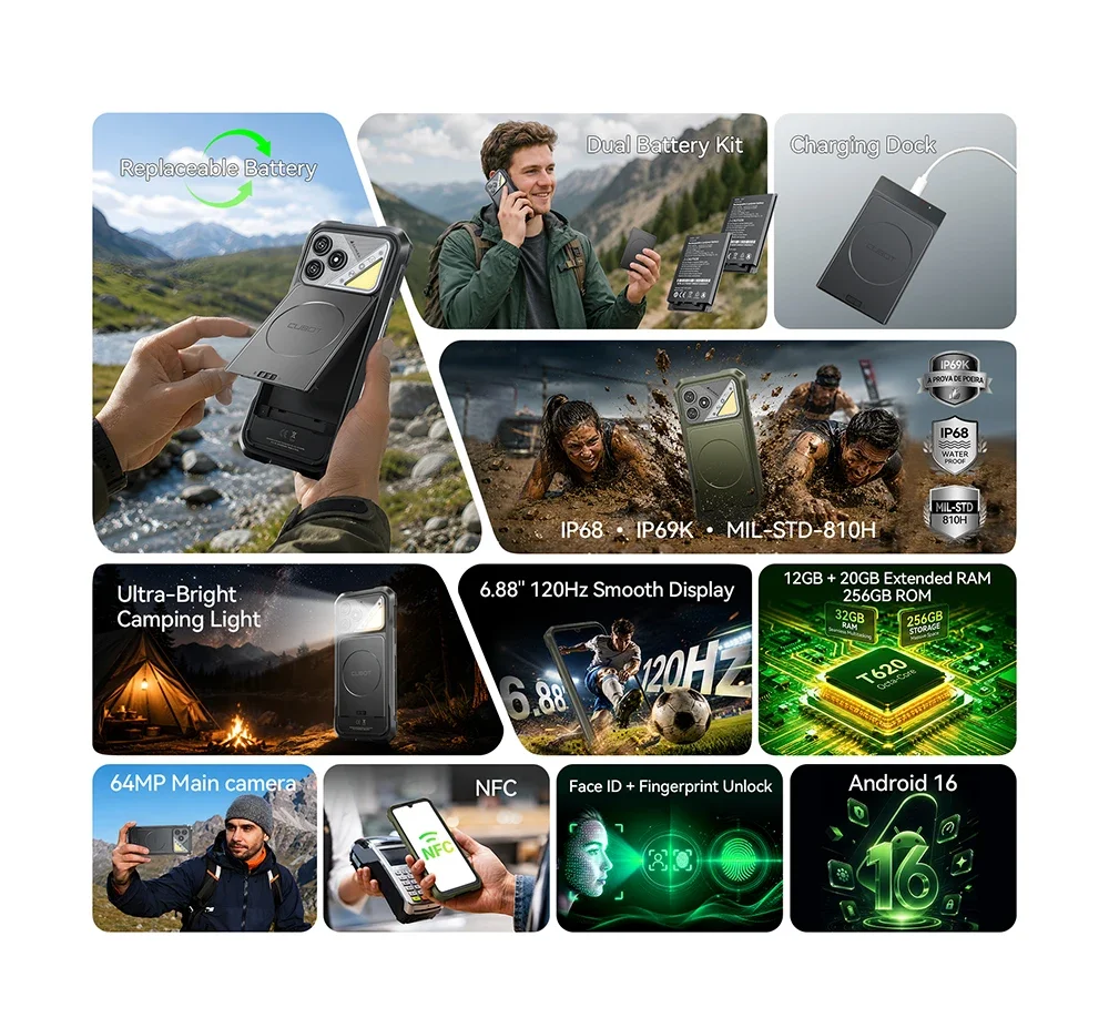 Cubot Kingkong Dura Rugged Android Smartphone 16 20Gb(8+12) & 32Gb(12+20) Ram, 128Gb/256Gb Rom, 6.88" 120Hz Display, Nfc, Face Id & Fingerprint Unlock