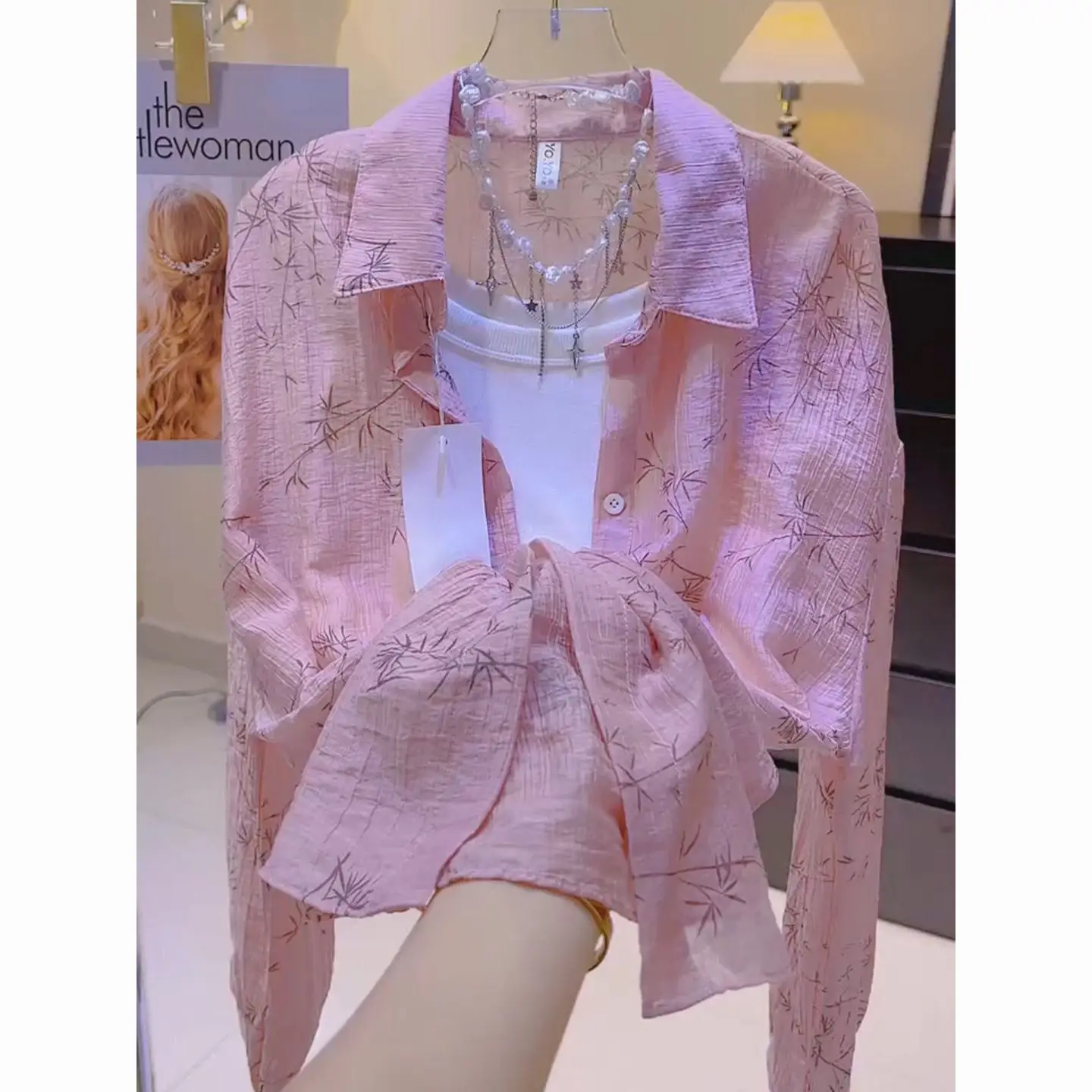 Summer Bamboo Leaf Printed Sunscreen Shirt for Women Lightweight and Breathable Cardigan Jacket Polo Collar Long Sleeved Top