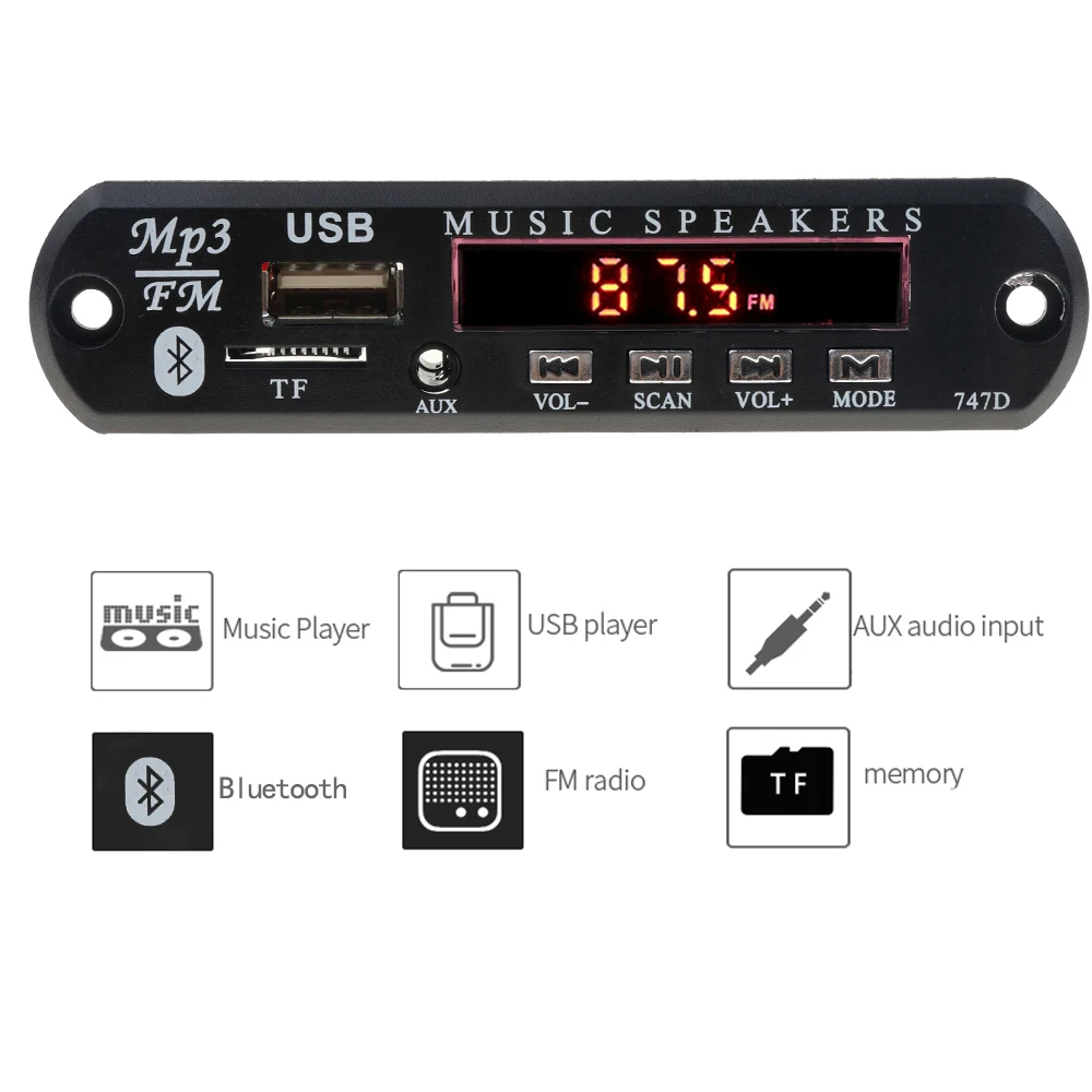 1Pcs 107*25*38mm 5‑12V Bluetooth3.0 MP3 Decoder Board FM Radio USB TF AUX Audio Receiver FIT FOR Most Vehicles