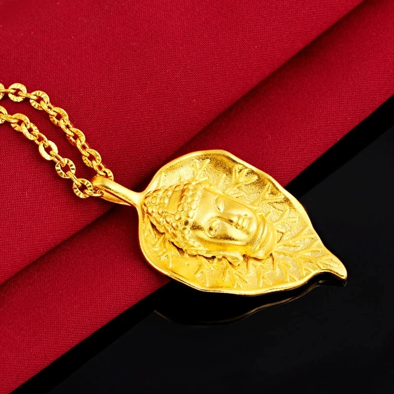 Real 18K Gold Color Necklace for Women Bridal Fine Jewelry Lucky Buddha Head Pendant Chain Necklaces Anniversary Gifts