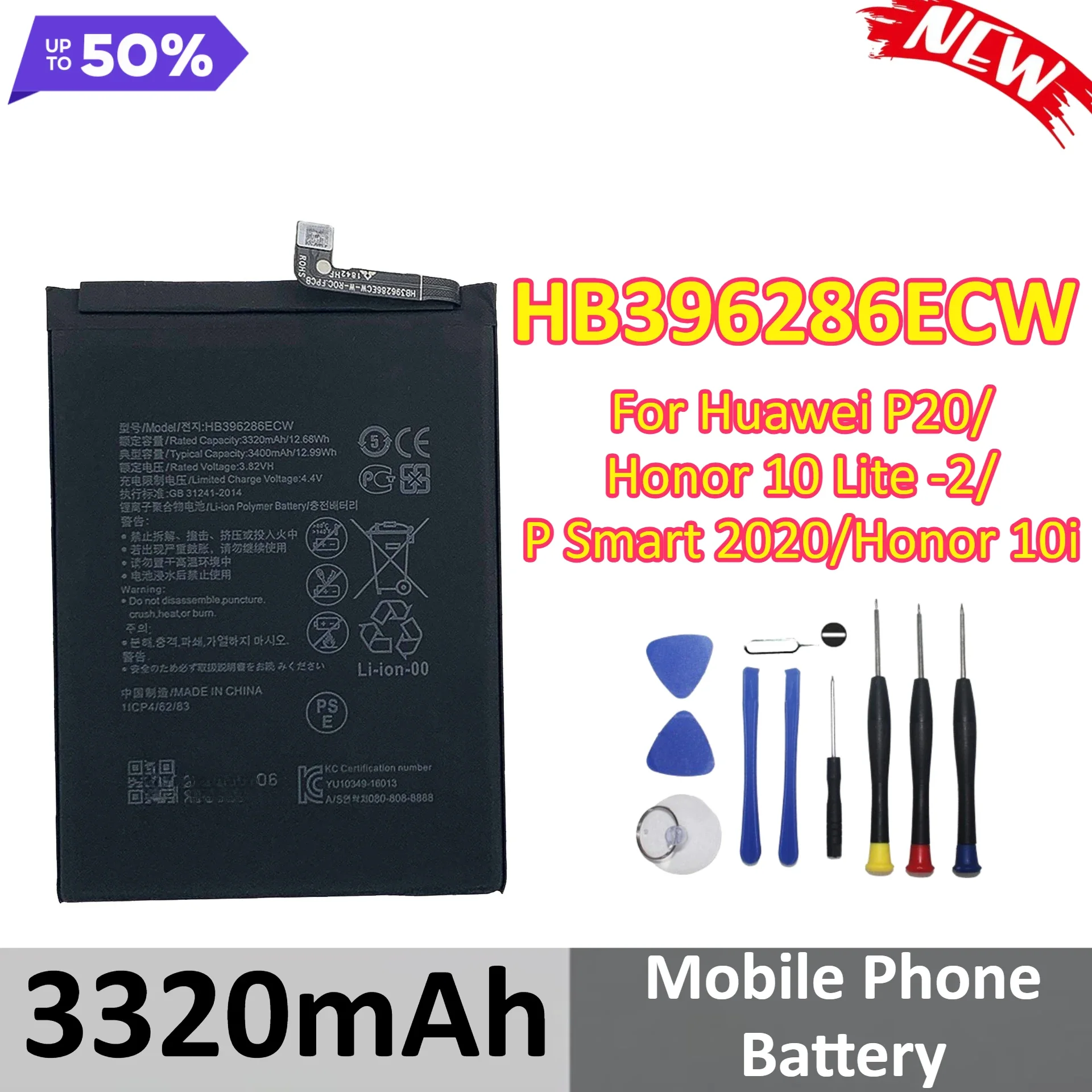 [HB396286ECW] for Huawei P20/Honor 10 Lite ‑2/P Smart 2020/Honor 10i Mobile Phone Battery 3320mAh+Tools
