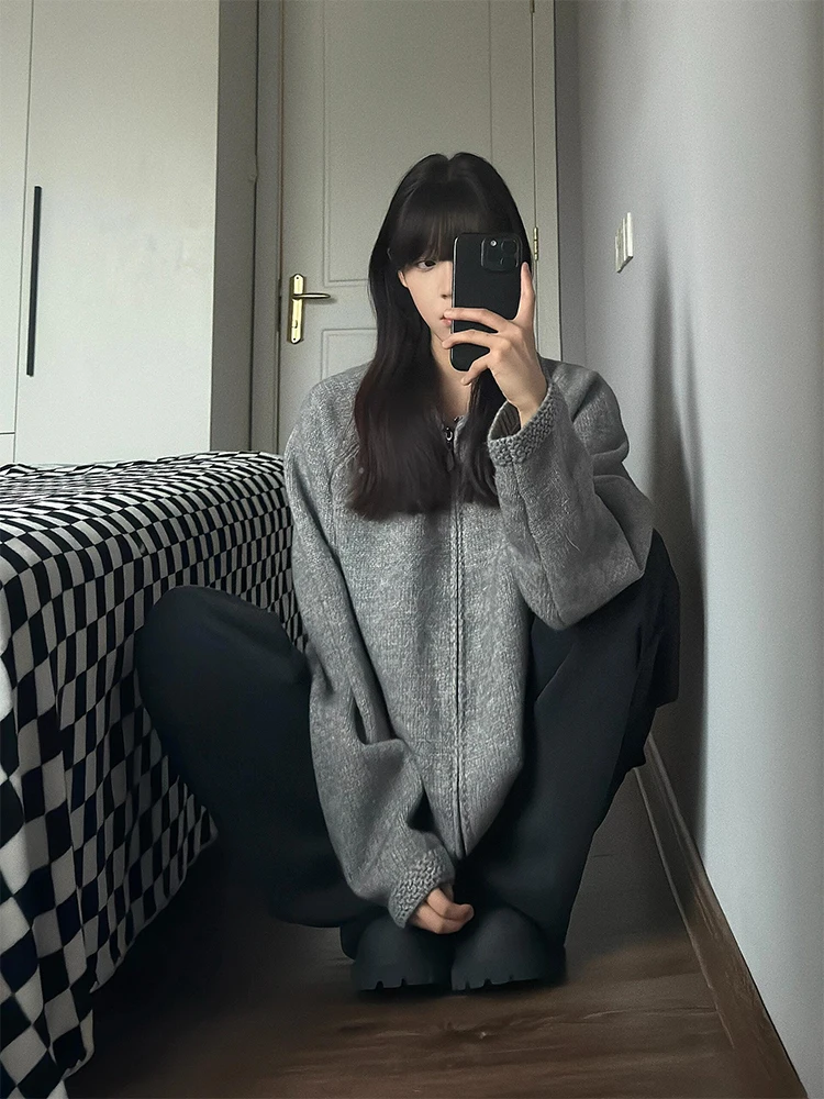 

American Sle Zipper ey Collar Sweater Cardigan Men's Autumn Winter Lazy High-End Knitted Outerwear Casual Long Sve