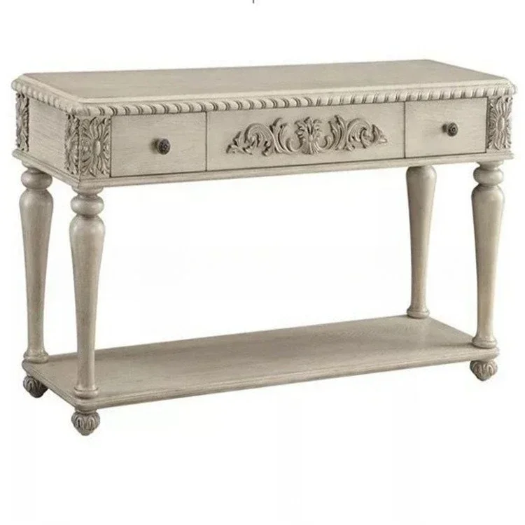 

American solid wood entrance table, simple furniture, old carvings on the back of the living room