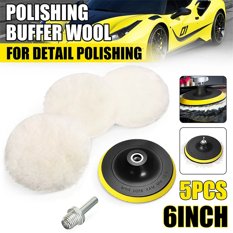 

5pcs Set Wool Polishing Pad Car Maintenance Wool Buffing Pad Car Paint Care Polisher Pads for 6'' M14 Drill Car Detailing Waxing