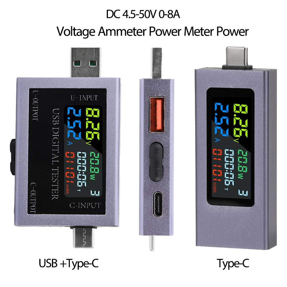 DC 4.5-50V 0-8A Dual USB Type-C Tester Multi-function Digital Display Voltage Ammeter Power Meter Power Bank Charging Tester
