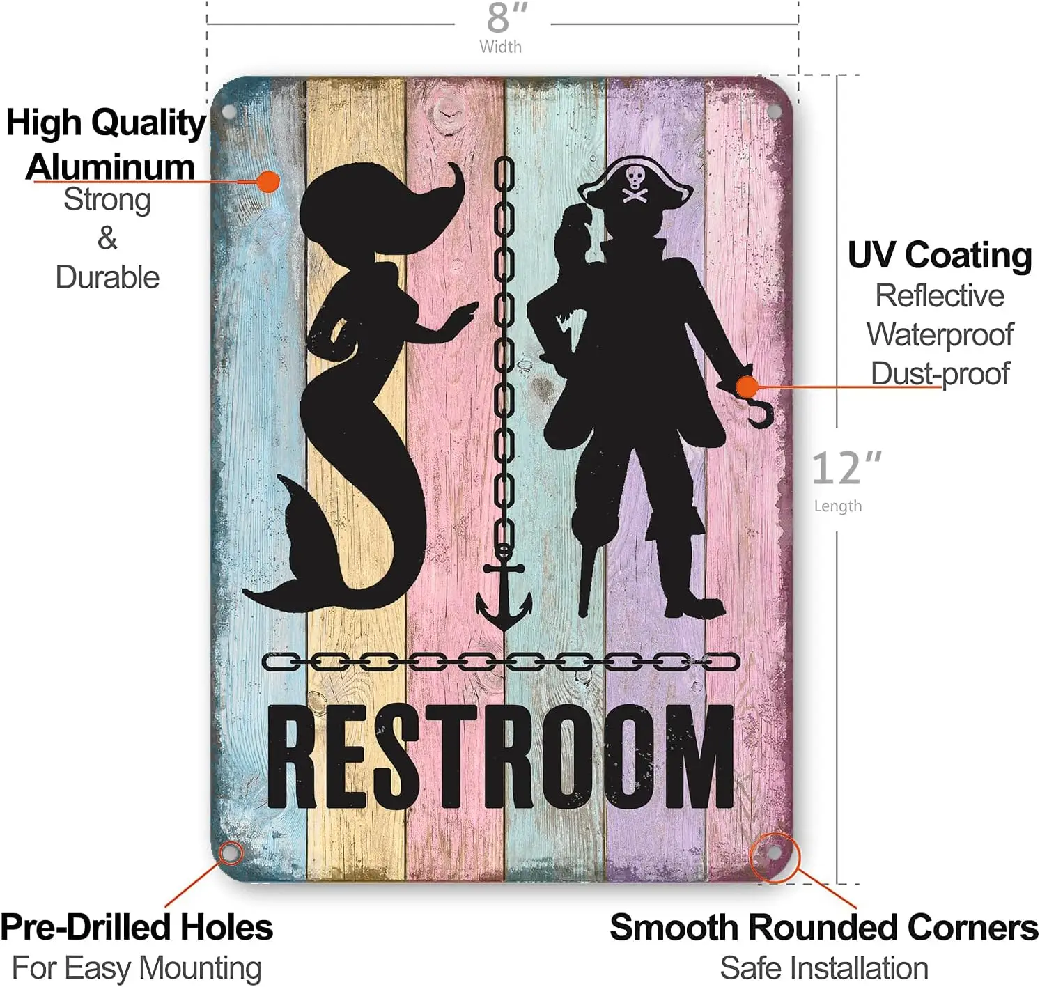 Mermaid Bathroom Decor - Pirate Themed Restroom Signs - Vintage Nautical Wall Decor - Funny Beach Toilets Door Signs