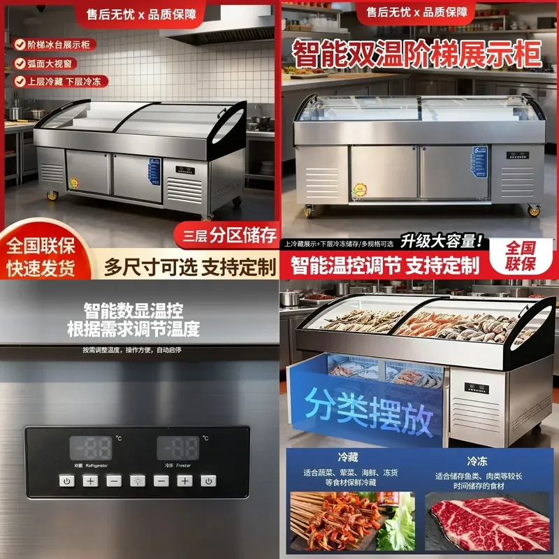 For Commercial Deli Refrigerated Display Cabinet Seafood Ice Table Frozen Freezer Fresh Keeping BBQ Skewer Cold Vegetable