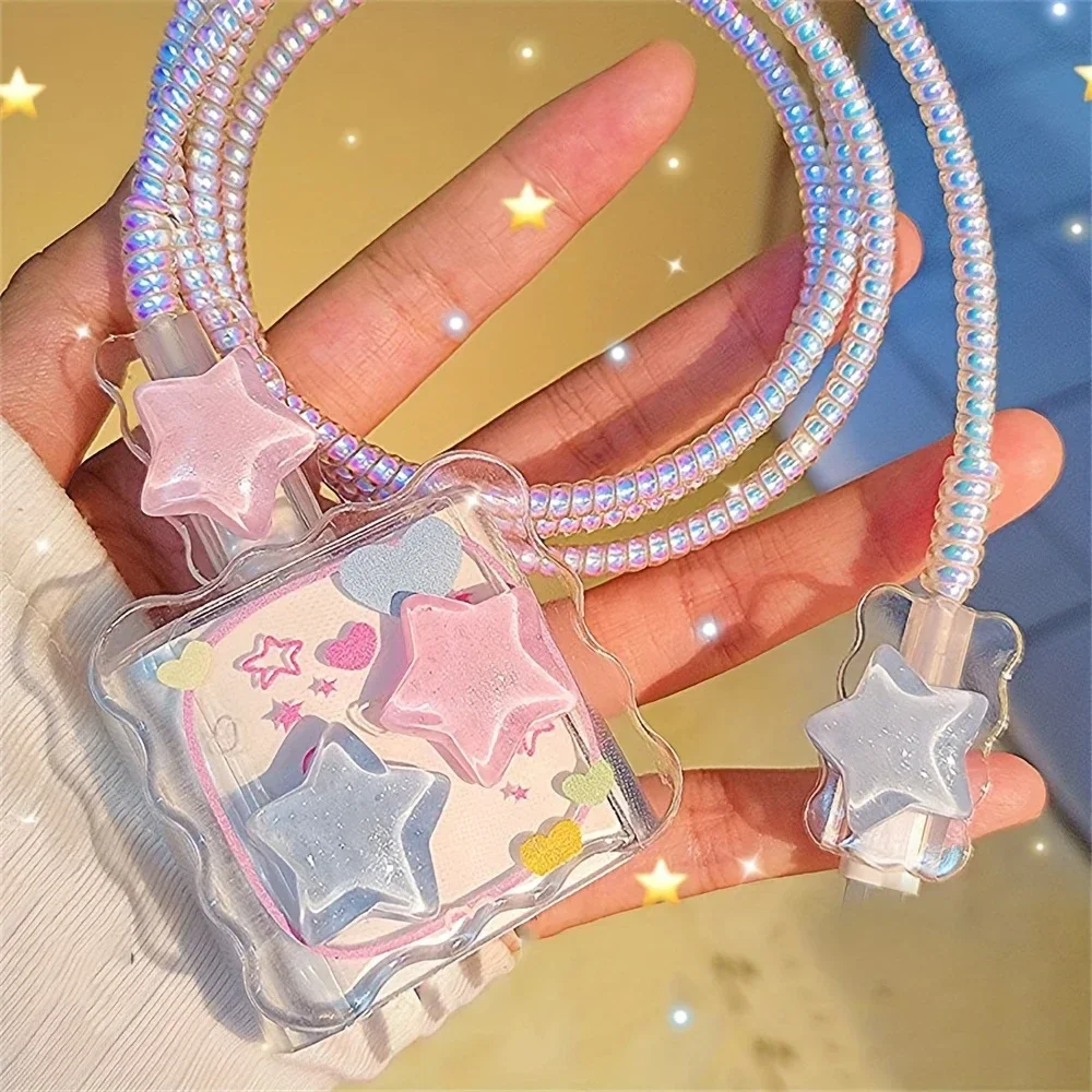 Kawaii Cute 3D Star Love Heart Wave Border Y2K USB Protector Cover for IPhone 18/20W Data Line Head Cord Fast Charging Case