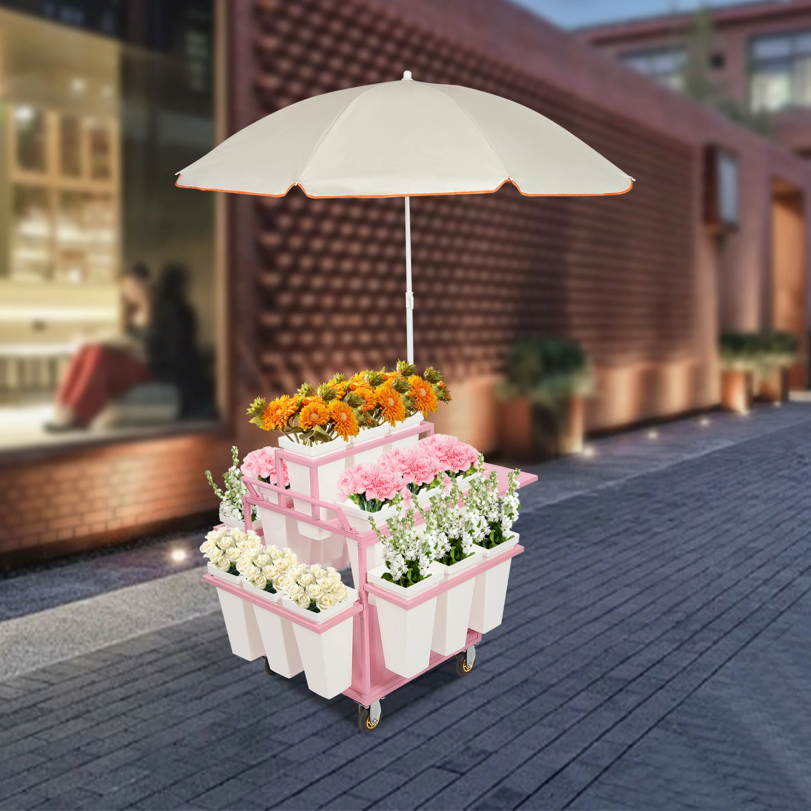 3-Tier Pink Garden Cart Plant Stand, Rolling Flower Display Rack with 18 Buckets, Plant Stand Cart for Garden Florist Weddings