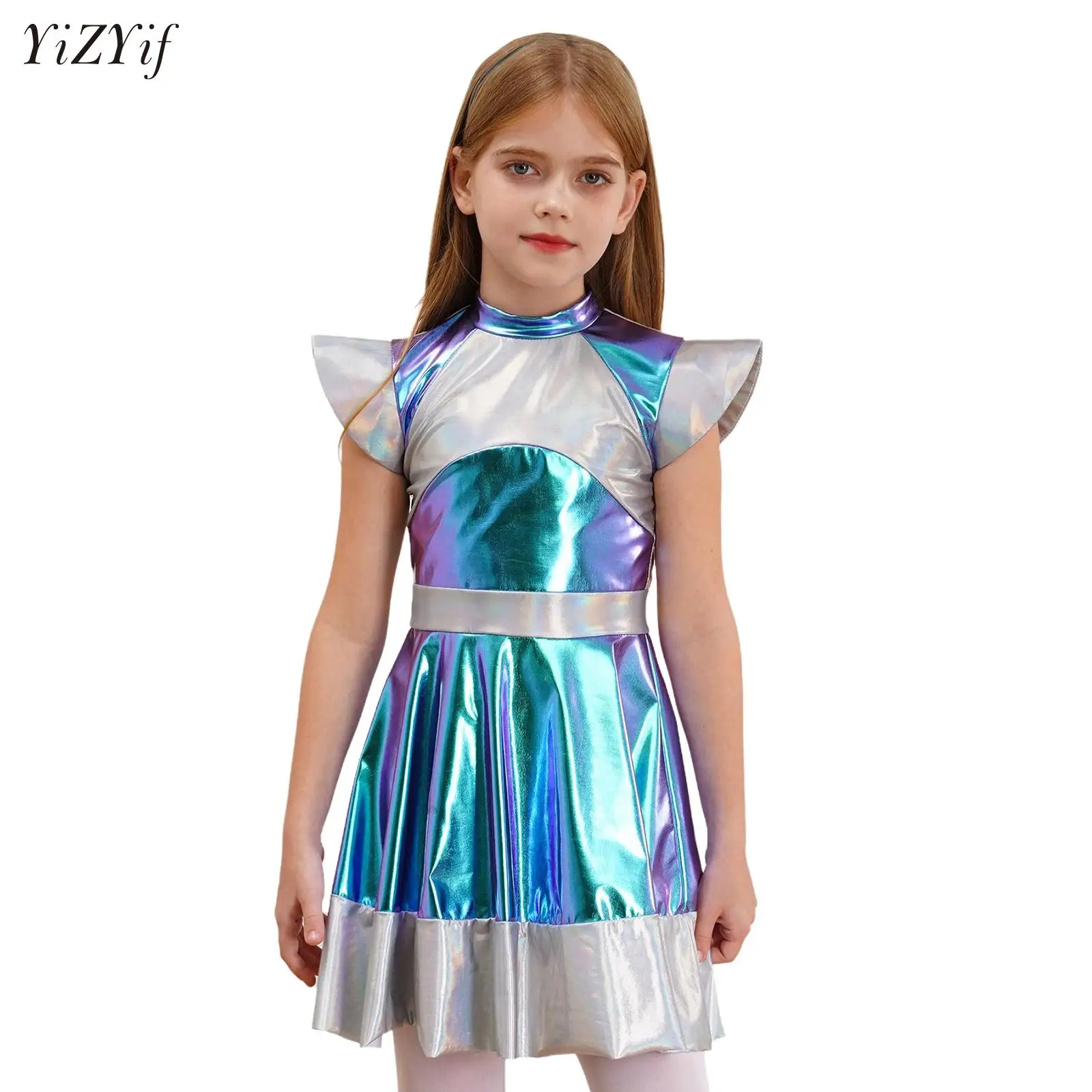 

Girls Shiny Alien Outerspace Halloween Cosplay Costume Cap Sleeve Gradients A Line Tutu Dance Dress Future World Party Clothes