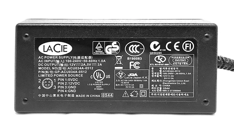 Genuine Lacie 12V 2A 5V 2A ACU034A-0512 GP-ACU034A-0512 AC Power Supply 4Pin FOR LACIE ACML-51 HARD DRIVE USB 20 Adapter Charger