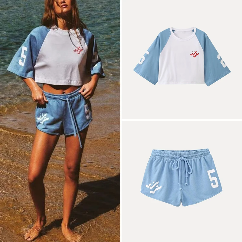 

Spring 2025 Faion Color Blo T-irt Women's Sle ort Sve Polyester Fiber Z Brand New Arrival Ladies' Set