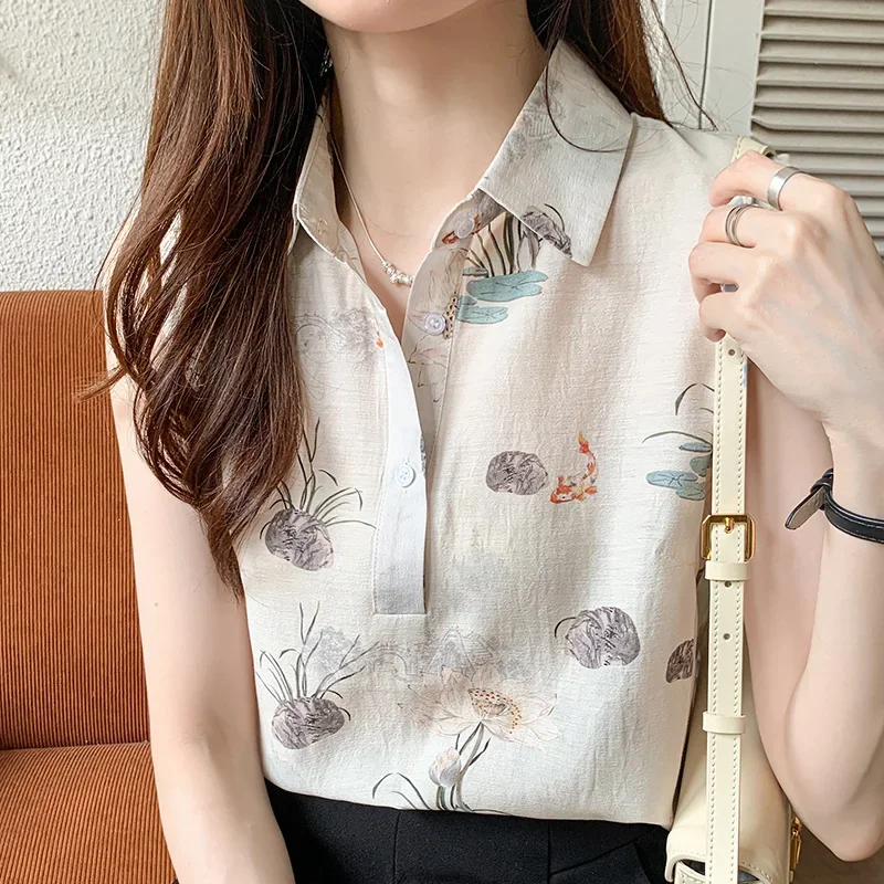 Summer Print women blouse Slim Sleeveless Womens Tops Polo-Neck Floral Button Women\'s Clothing Fashion Chiffon Blouses for Women