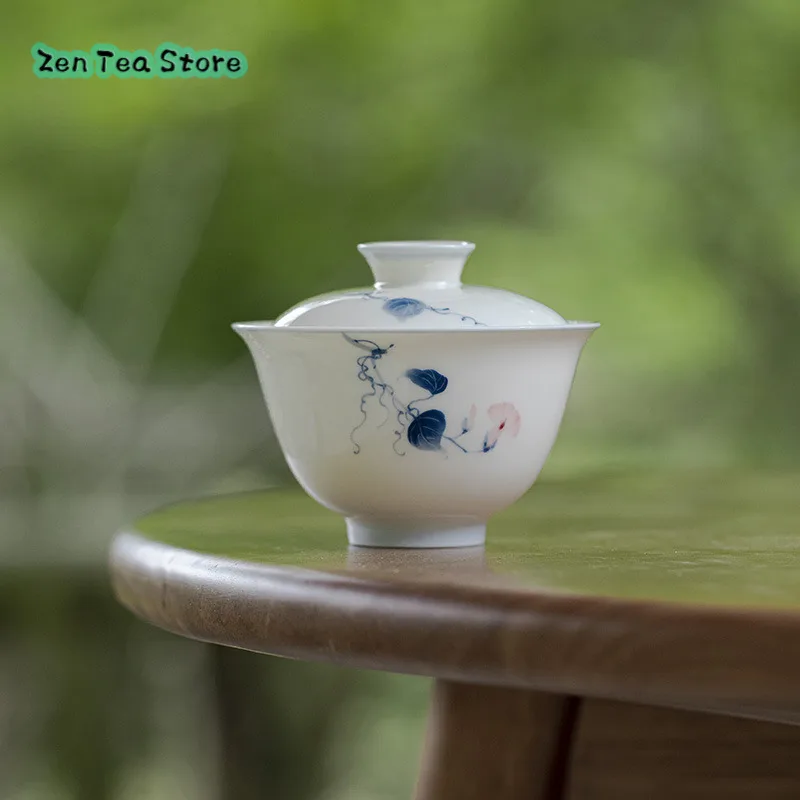 Jade Clay White Porcelain Hand-painted Cover Bowl Thin Embryo Ceramic Underglaze Color Morning Glory Literati Tea Bowl