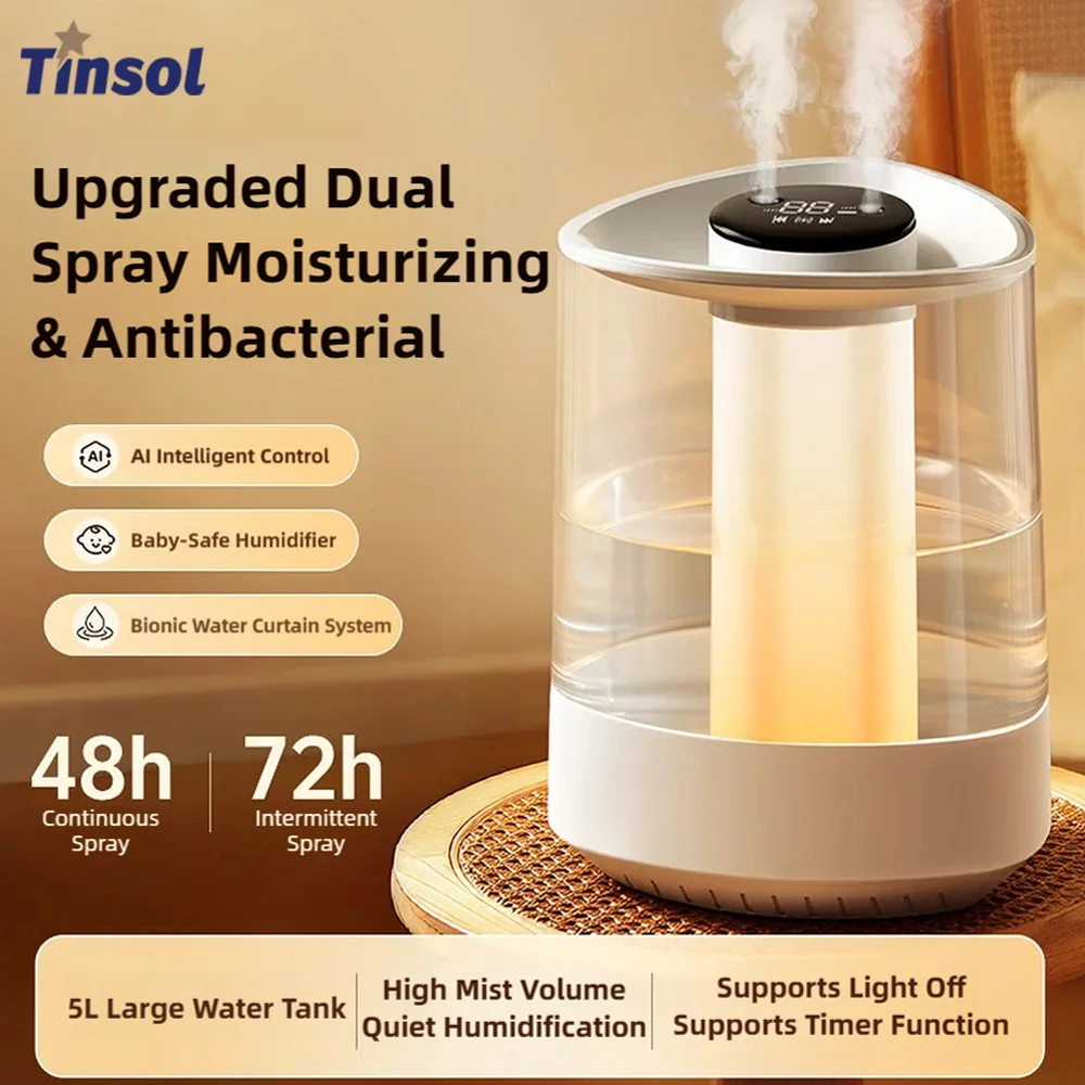 Humidificador Inteligente TINSOL de 5L, Silencioso, con Doble Boquilla Nano, Purificador de Aire, Apto para Mujeres Embarazadas y Bebés