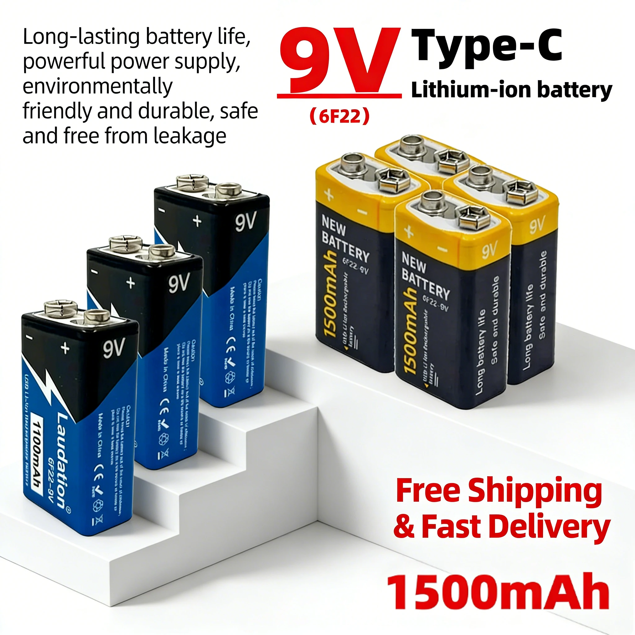 

USB Rechargeable 9V Lithium Battery 6F22, High Capacity 1500mAh Li-ion Battery for KTV Wireless Mic, Multimeter, Toy & Alarm