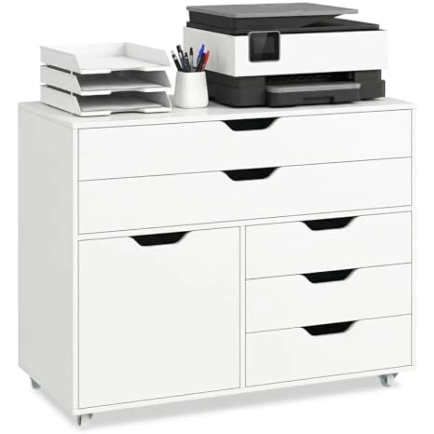 Rolling File Cabinet, 5-Drawer Filing Cabinet, White | Mobile Storage Cabinet with Door and Lockable Metal Wheels, Wood