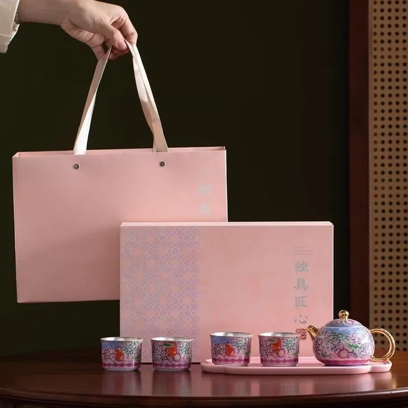 Chinese Colorful Enamel Tea Set, One Pot Four Cups, Ceramic Tea Making Creative Tea Tray, Pink Cool Gift Set Elders as Souvenirs