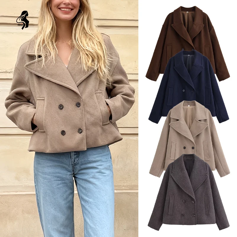 

Womens Coat Large Lapel Double Breasted Short Wool Coat Elegant Fashionable Coat Autumn And Winter Essential Trafizaran