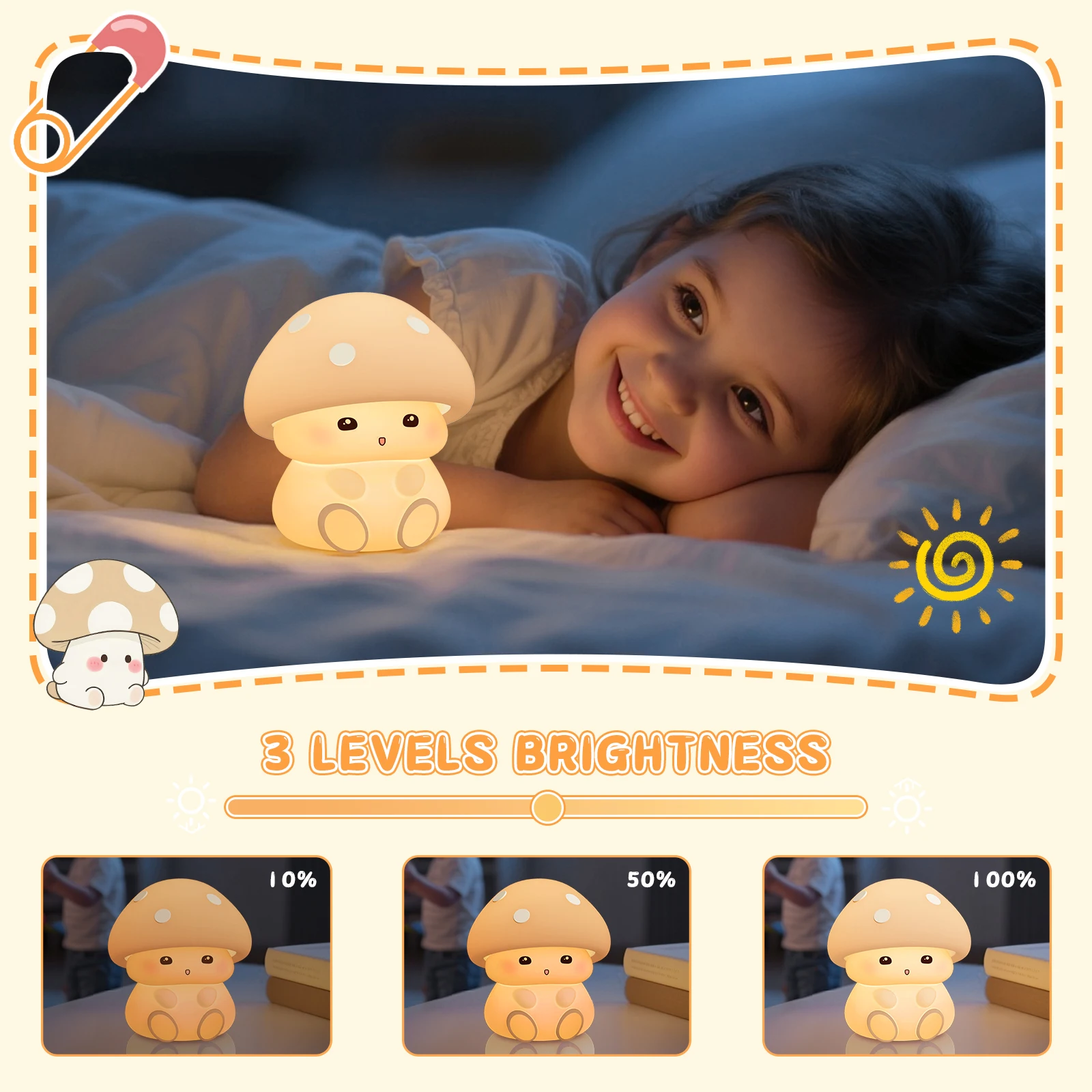 Lampka nocna w kształcie grzybka z dotykowym sterowaniem, 7 kolorów LED, 3 poziomy jasności, ładowana przez USB, silikonowa lampka dla dziewczynek