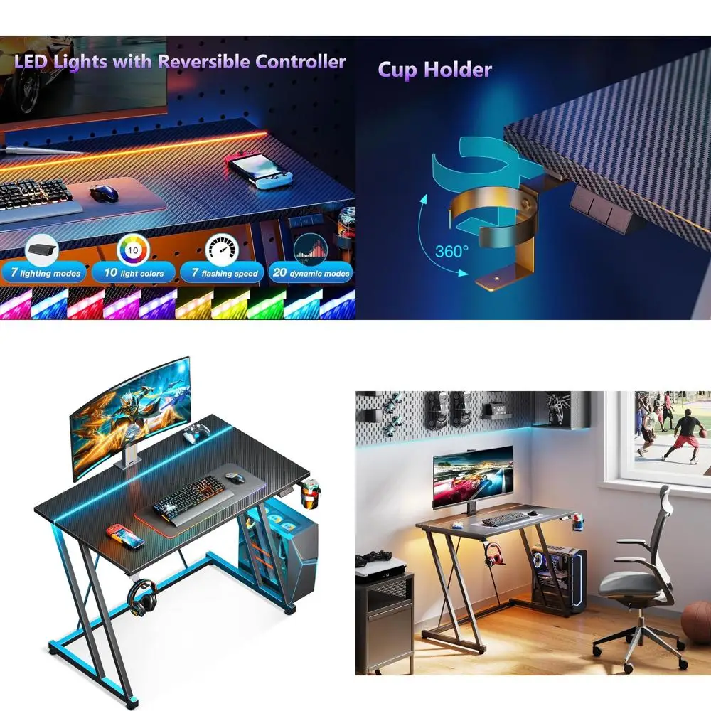 مكتب ألعاب مدمج بإضاءة LED، مكتب كمبيوتر مكون من 32 ملمس كربوني للأطفال والكبار، مكتب أسود موفر للمساحة #1