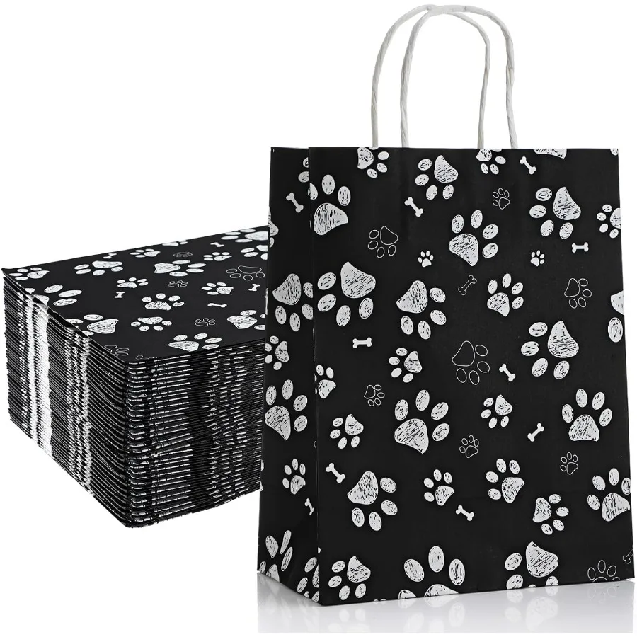 

50 Pcs Large Puppy Dog Paw Print Gift Bags with Paper Handles 10.6x 8.3 x 4.3 Inch Kraft Dog Treat Paper Bags Dog Paw Print Goo