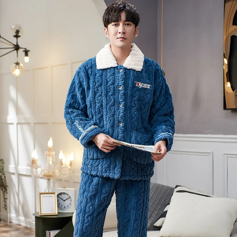 Autumn and winter new flannel men's pajamas cardigan color matching collar men's home wear coral velvet men's pajamas