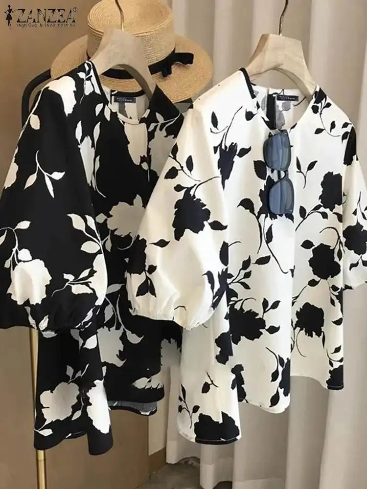 ZANZEA-Blusa estampada floral para mulheres, manga curta, gola em O, tops casuais, elegante, feriado, camisa de festa, trabalho, moda verão, 2024