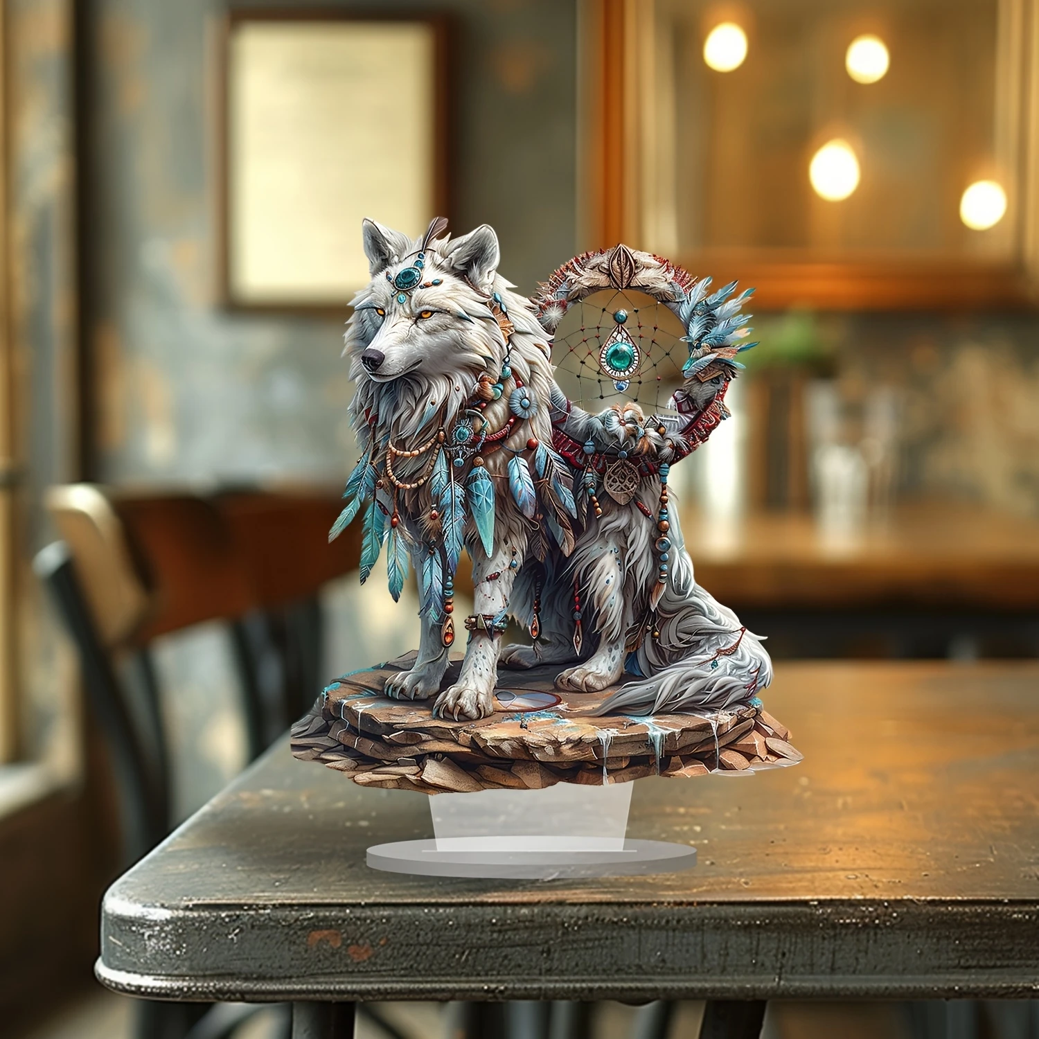 10in Majestic White Wolf Dream Catcher 2D Acrylic Desk Decor Boho Chic Tabletop Sign Ideal Gift for Home Office Cafe Shop Decor