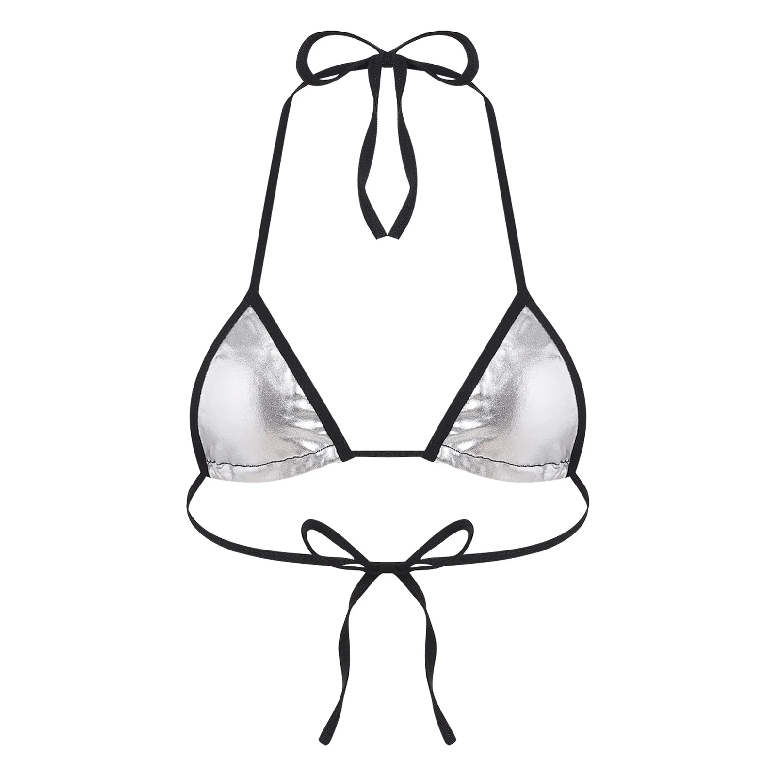 

Женский металлический блестящий мини-бикини-топ без чашечек и косточек, на завязках, с кружевом, микро-микрокини для пляжа, бассейна, загара