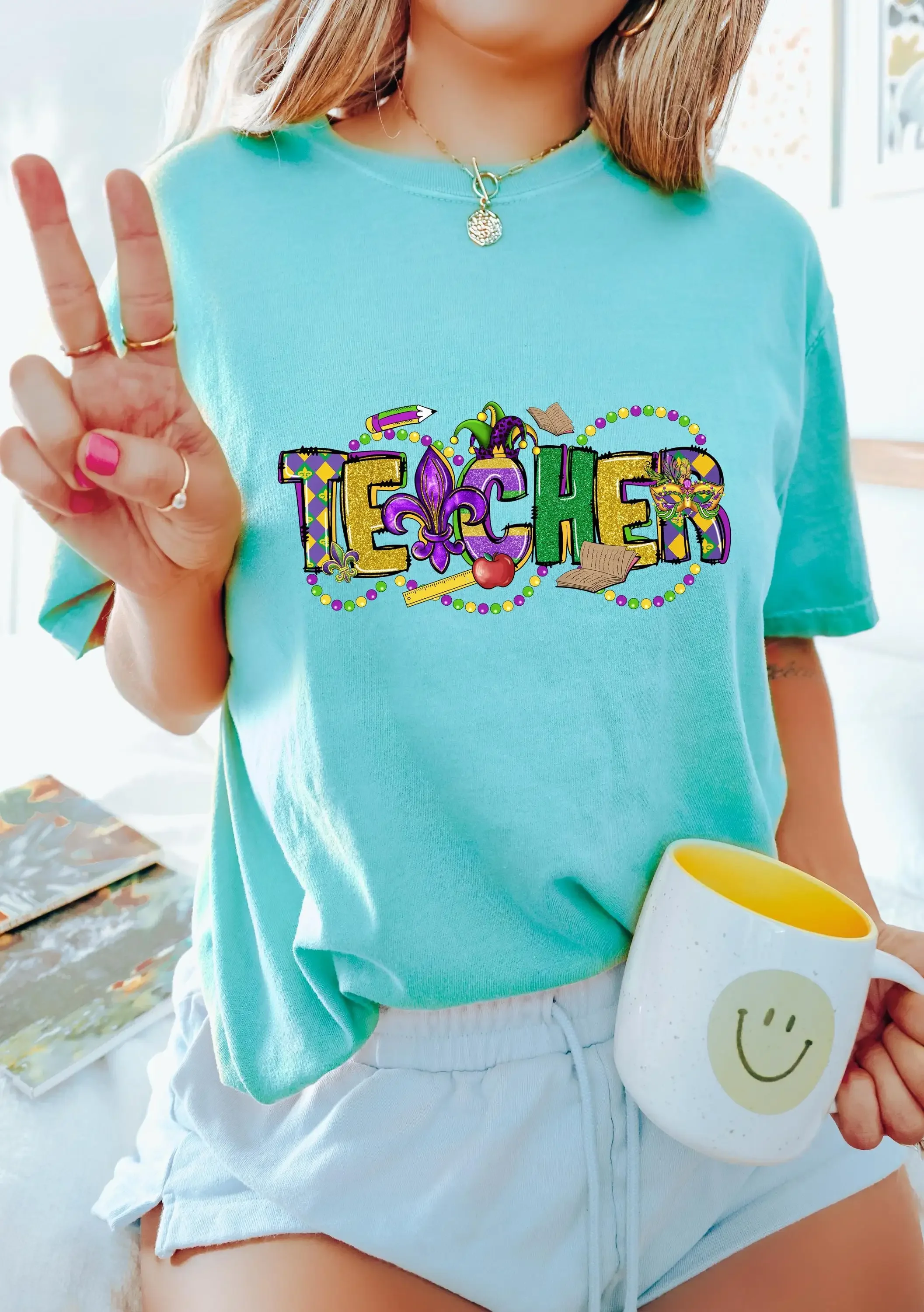 Faux Glitter Teachers Mardi Gras  T Shirt Fun Oversized Carnival Outfit S523