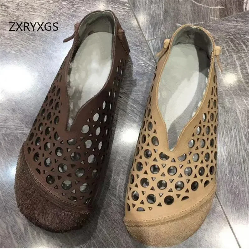 ZXRYXGS sandal wanita Flat, sepatu datar Retro sol lembut Premium penuh kulit asli berongga, Musim Panas 2024