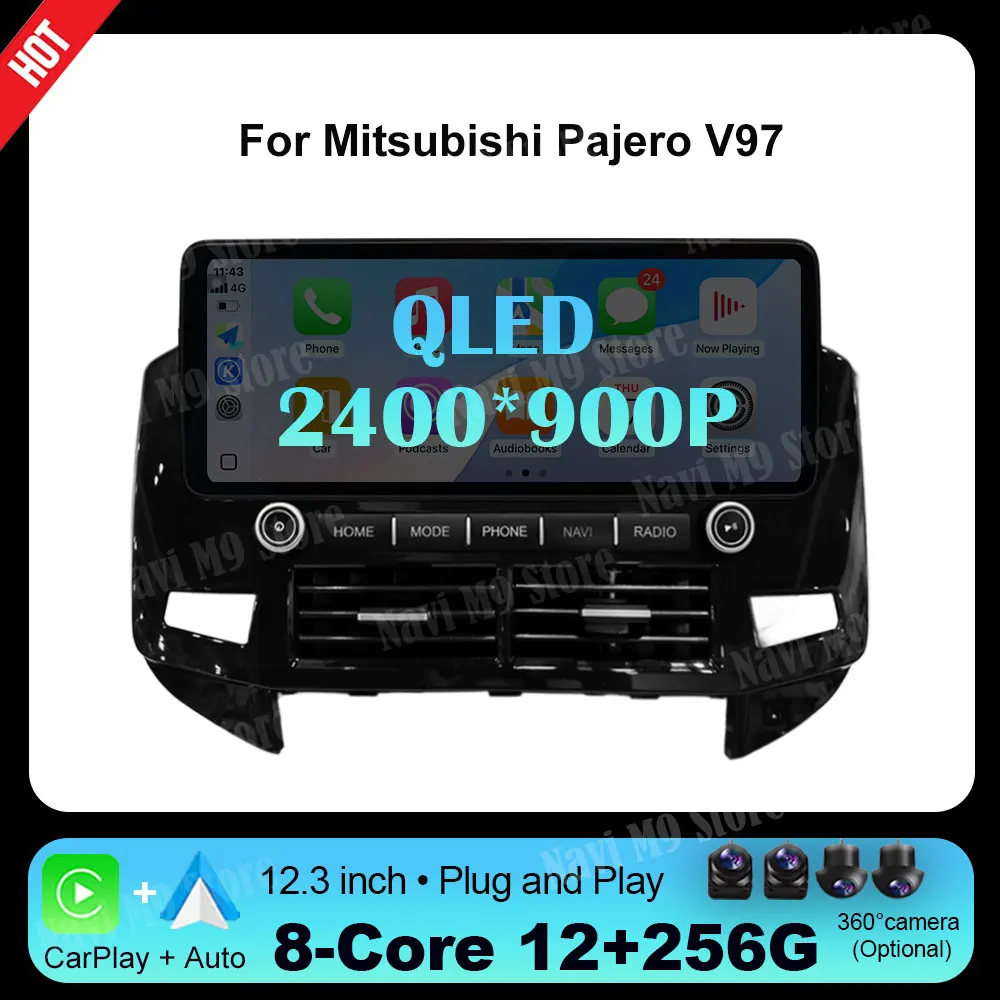 

For Mitsubishi Pajero V97 2007-2019 Car Radio Multimedia Player 12.3inch Android 14 QLED 2400*900P Screen Carplay GPS Navigation