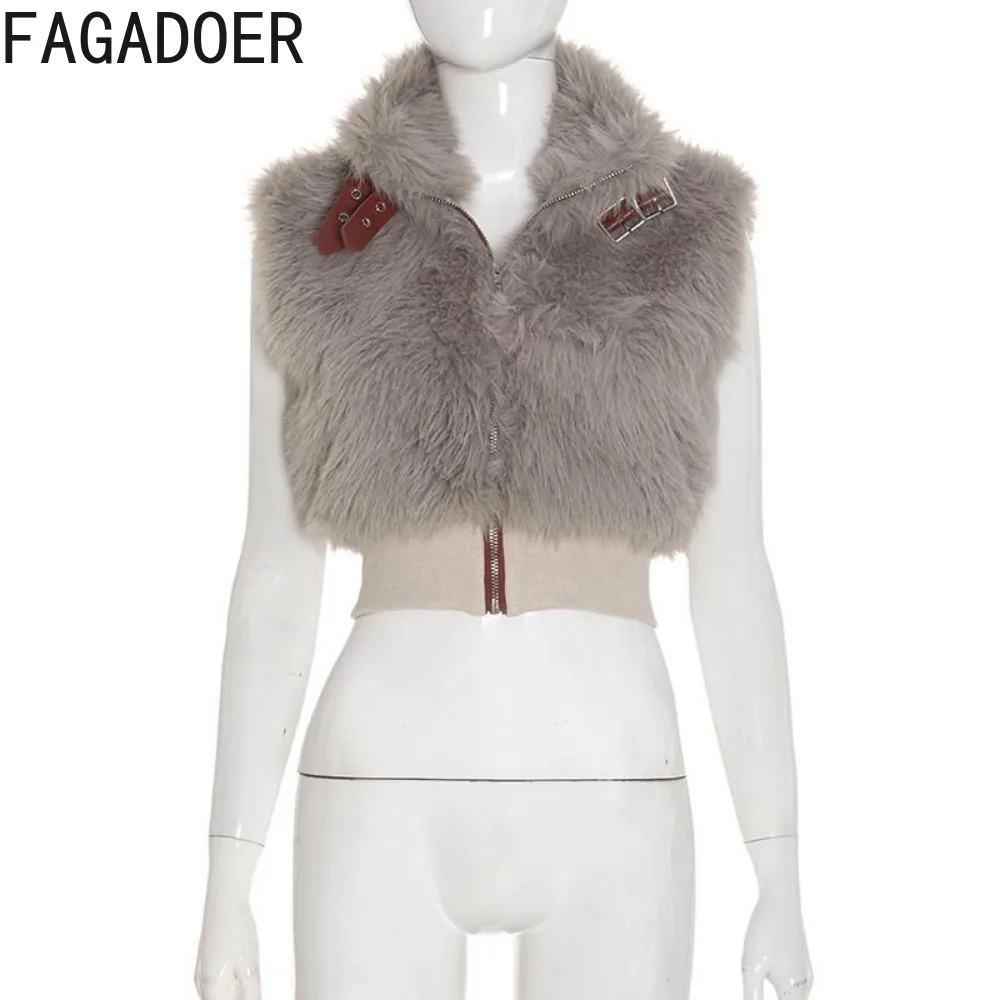 FAGADOER Autumn New Fashion Fur Patchwork Vest Coat for Women Solid Color Zipper Sleeveless Jacket Female Streetwear Clothing
