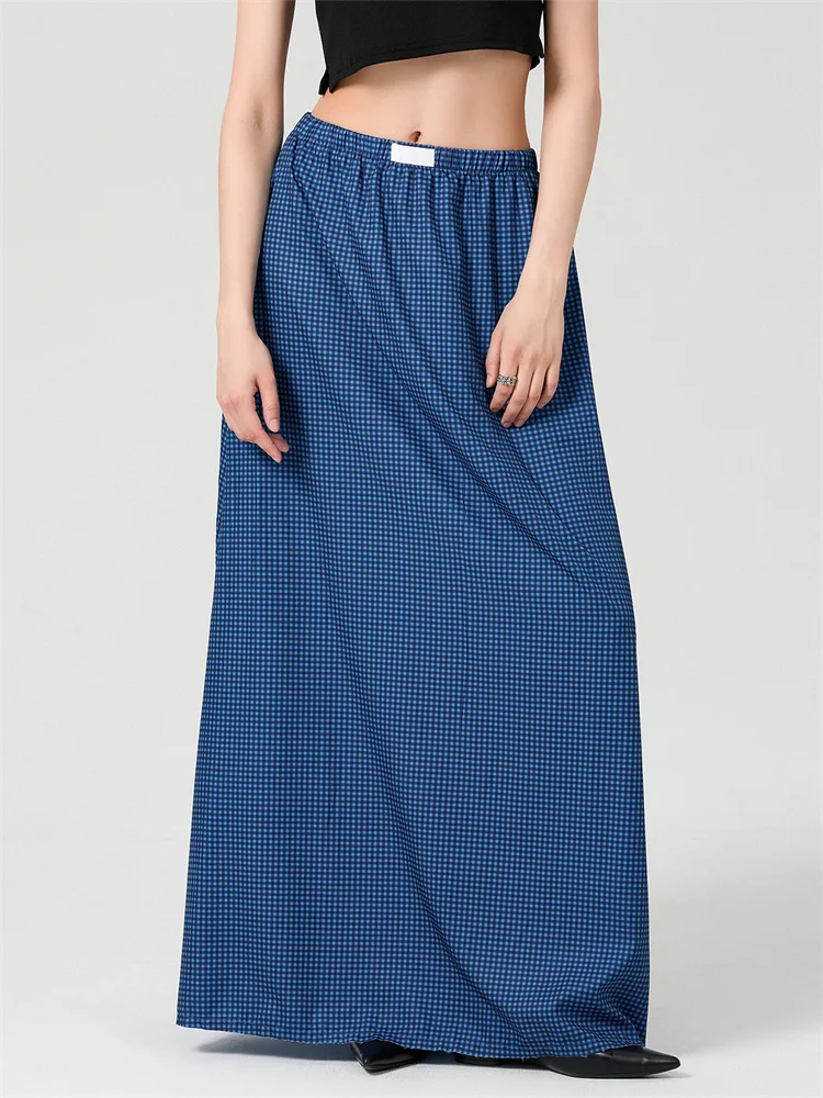 Aesthetic Fairy Women's Y2K Long Skirts Plaid Elastic Waist A-line Skirts Spring Summer Casual Skirts Streetwear