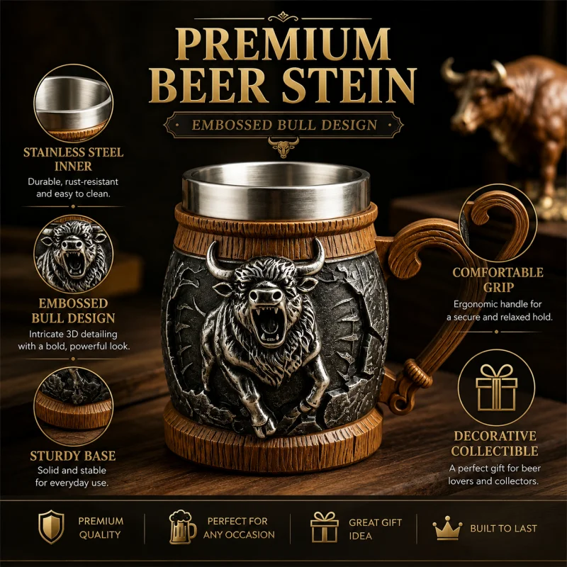 Vintage 3D Bison Embossed Beer Tankard Resin Barrel Mug Stainless Steel Liner Western Wildlife Beer Cup Gym Man Cave Decor