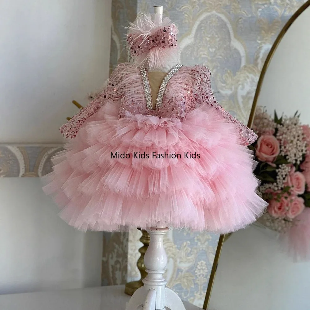 110-150cm Princess Dress for Girls Stylish V-Neck Long-Sleeved Children's Dress for Piano Recitals and Fashion Shows