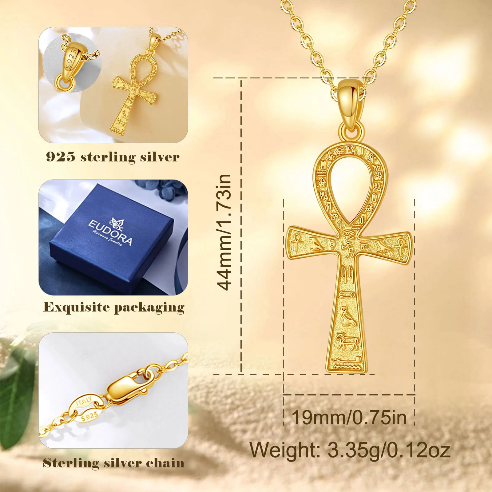 Eudora 18K Gold Ancient Egyptian Ankh Necklace for Women Man 925 Sterling Silver Symbol of Life Cross Pendant Fine Jewelry Gifts