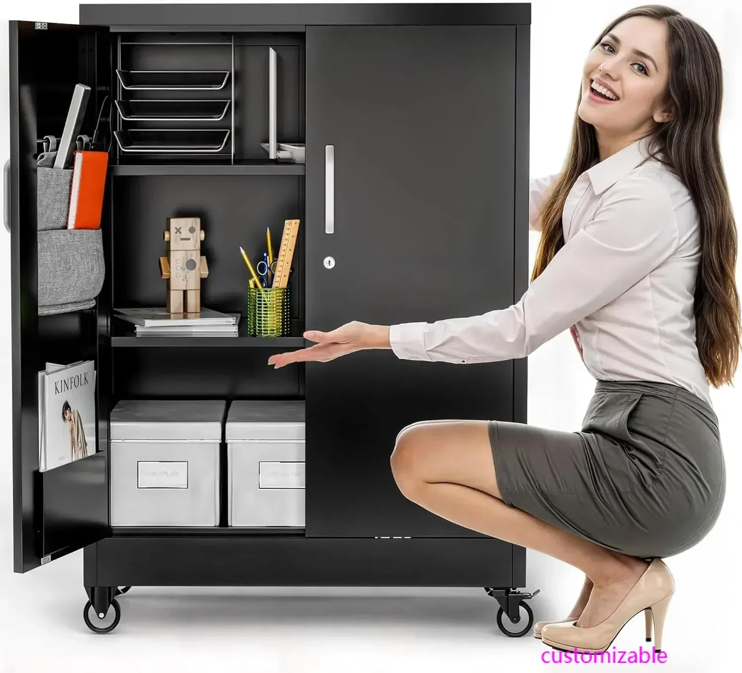 

Металлический шкаф для хранения на колесиках, 40 дюймов в высоту, небольшой шкафчик, передвижной запирающийся шкаф для хранения с дверцами для гаража, офиса