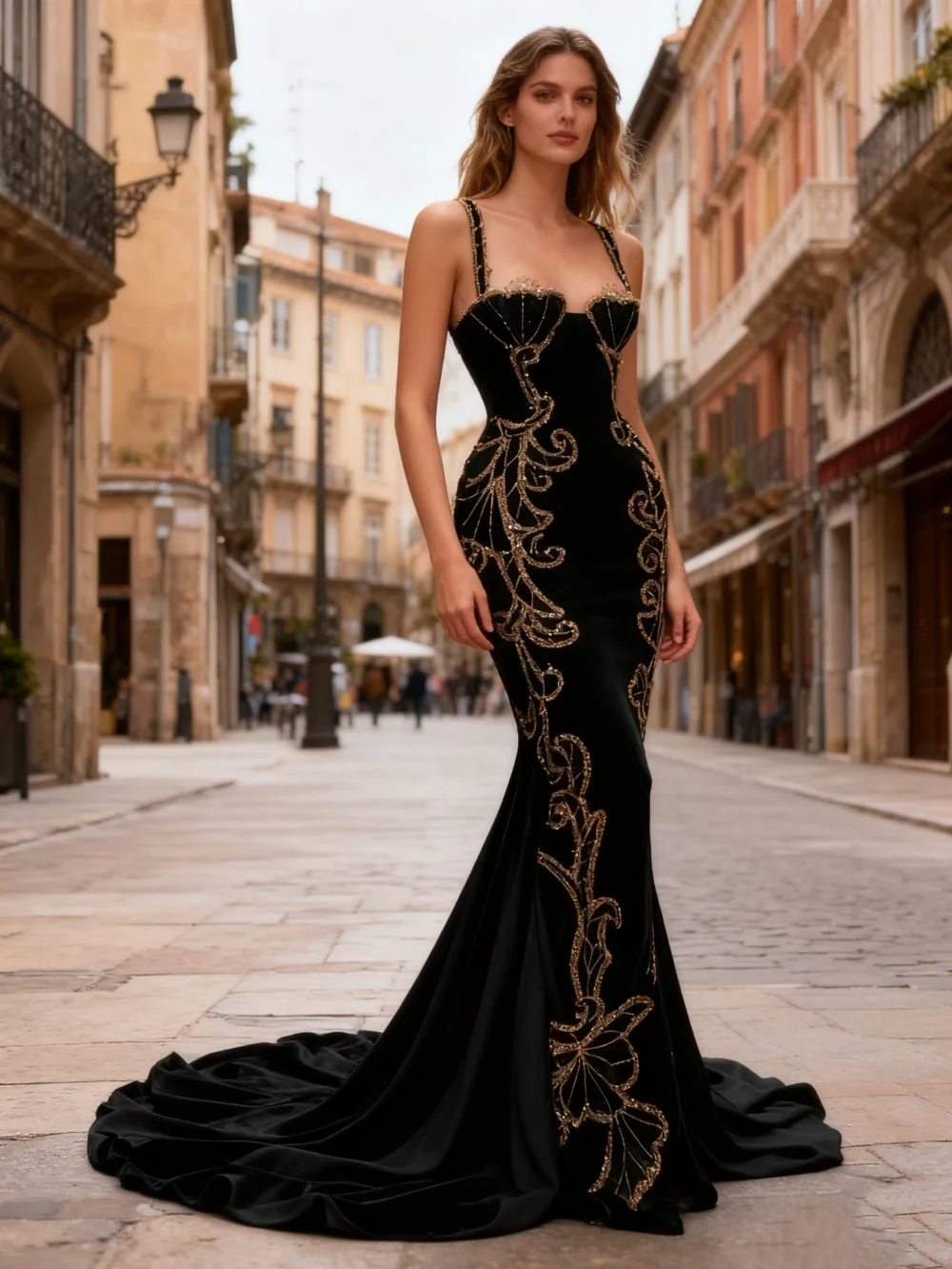 

Trendy Spaghetti Strap Evening Dress Graceful Sleeveless Red Carpet Gown 2026 Romantic Gold Appliqué Floor-Length Party Gown