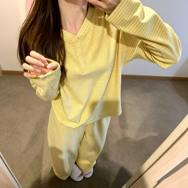 Women Spring Autumn Yellow Striped Pajama Set Korean Style Long Sleeve Button Down Sleepwear Minimalist 2 Piece Home Loungewear