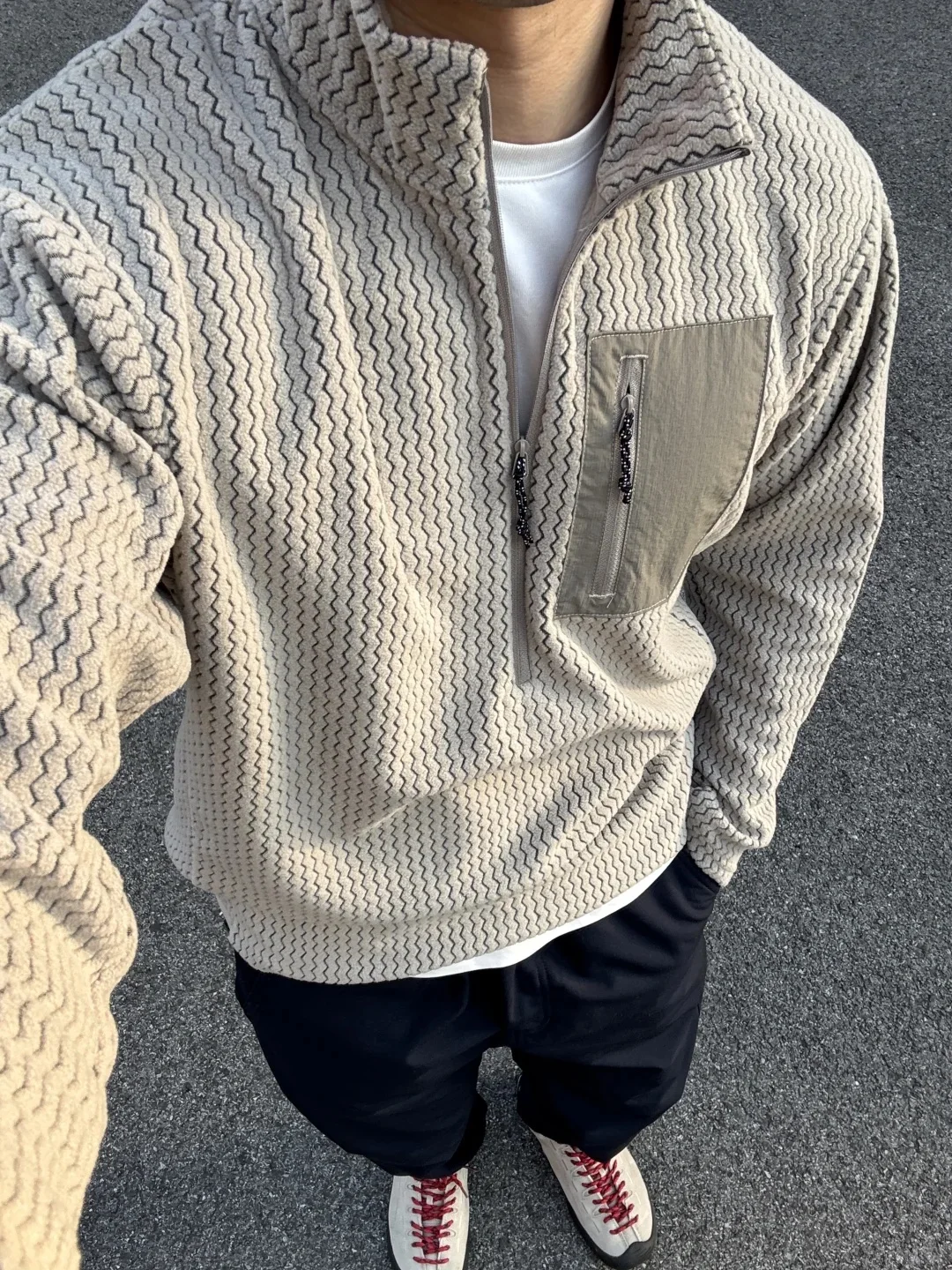 Outdoor Half Zipper Fleece Sweatshirt Couple Style Stand Collar Wave Texture Thermal Casual Men's Women's Warm Cardigan Sweater