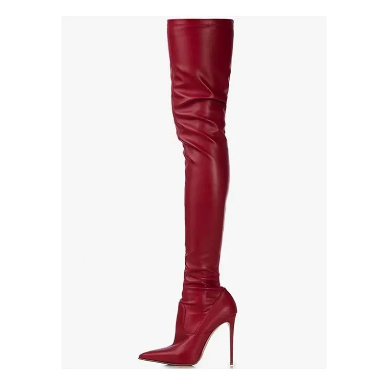 

Women Overkee Long Slim Thigh High Boots Black Red Stilettos Heels Stretch Ladies Botas Shoes Woman Zapatos Para Mujeres