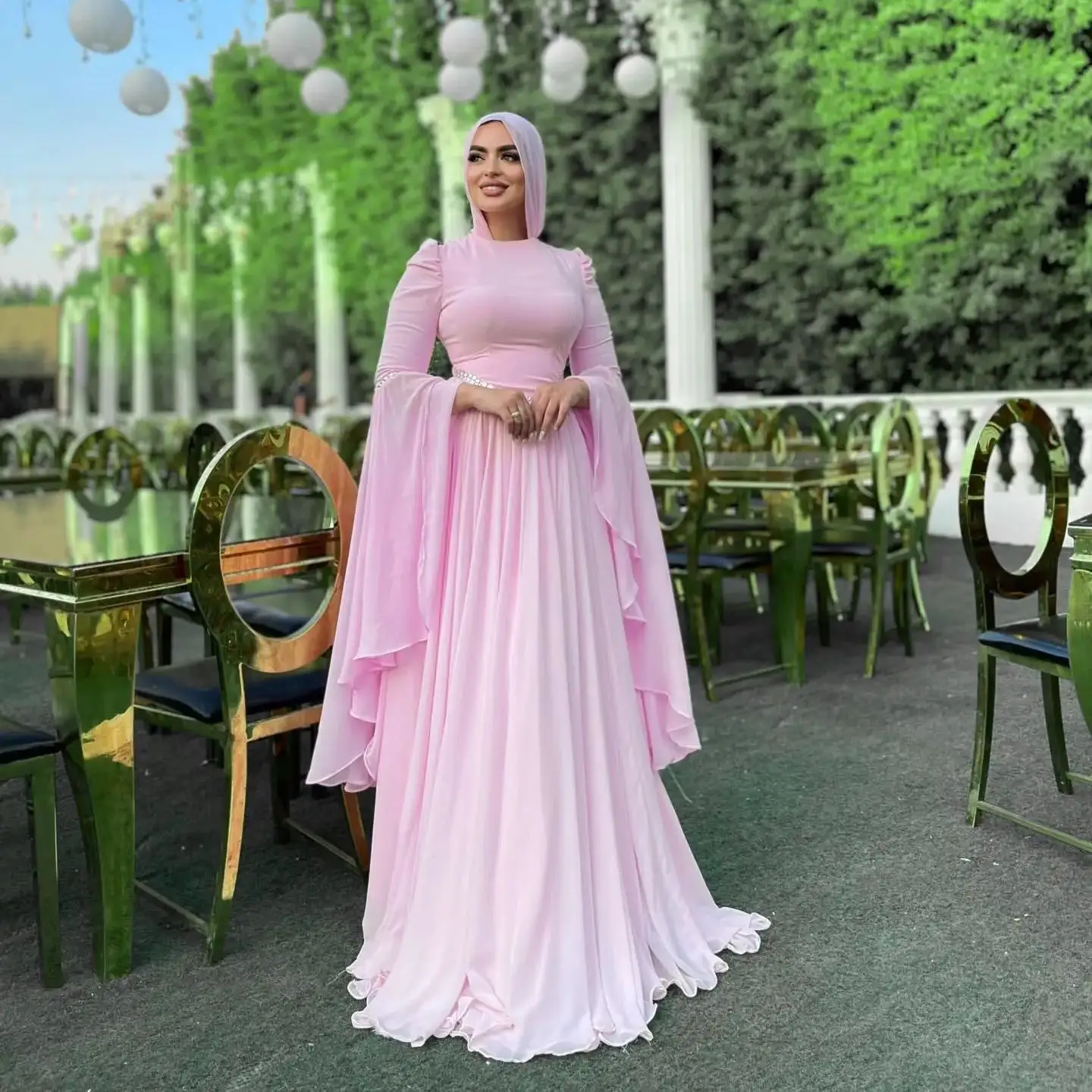 

Adeli customized Saudi Elegant Muslim Pink Prom Gown Women's Beaded Party Evening Dress Floor Length Formal Occasion Dresses