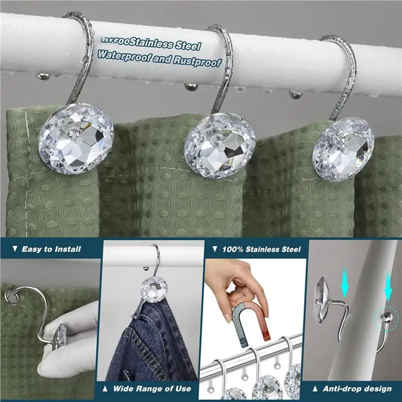SEWS-24PCS Shower Curtain Hooks Rings For Bathroom,Acrylic Decorative Rhinestones Shower Curtain Rings Hangers