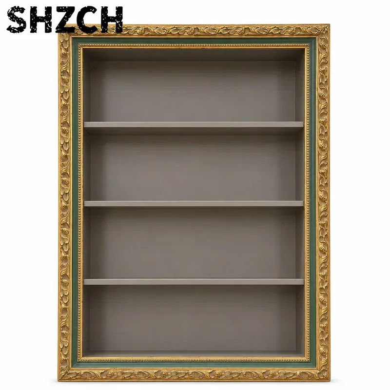Ornate Gold and Green Wall-Mounted Display Shelf, 4-Tier, Vintage Carved Frame Style, 31.5 X 23.6 X 5.1 Inches