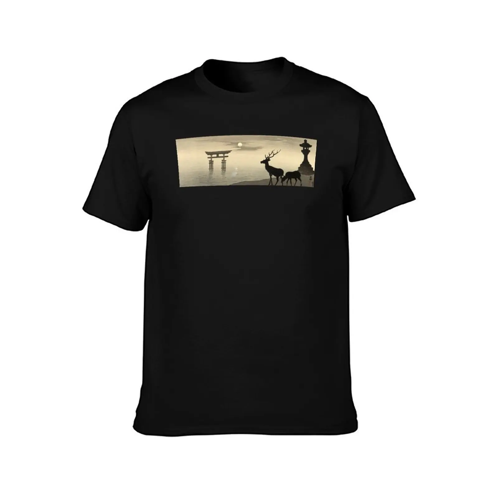 Torii, Lantern and Deer by Ohara Koson T-Shirt Anti-Fade Casual Tee Shirt T-Shirt